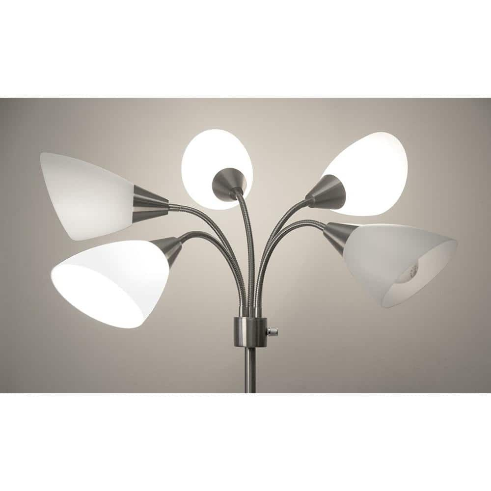 Adesso 7205-22 5-Light Multi-White Shade Floor Lamp Adjustable Gooseneck Arms Silver-