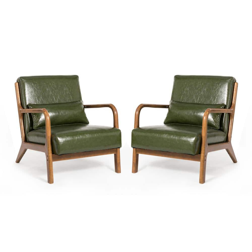 Glitzhome 2 Set Mid Century Hunter Green Accent Armchair, Single Reading Armchair PU Leather Lounge Chair with Walnut Ruberwood Frame