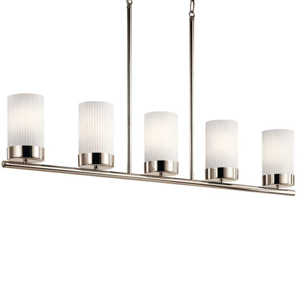 Polished Nickel and Brass 5-Light Linear Chandelier with Ribbed Glass Shades