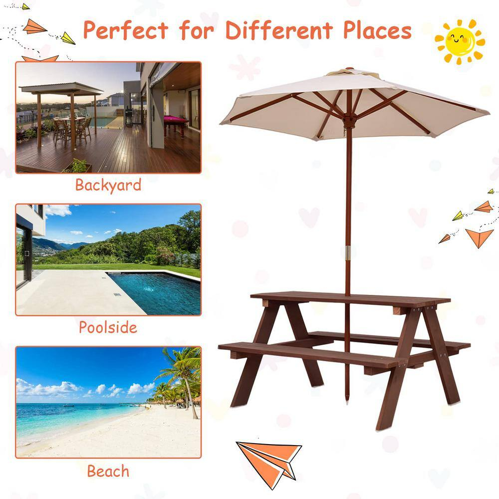Wooden Outdoor Kids Picnic Table with Umbrella and Bench