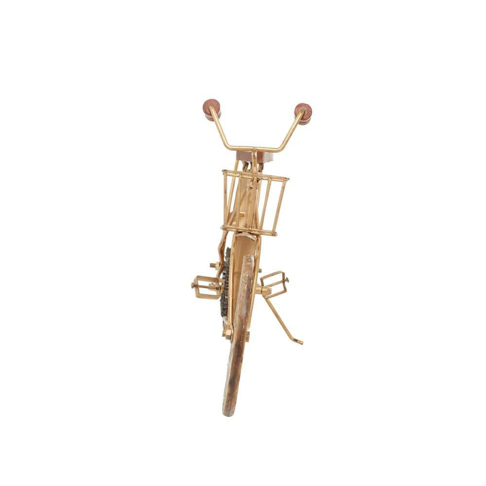 19" x 12" Gold Metal Bike Sculpture with Carved Wood Wheels, by DecMode