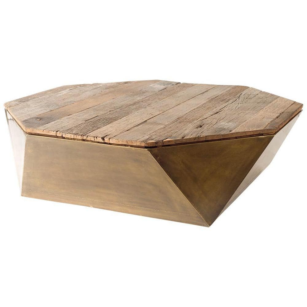 Esagono Rustic Hexagonal Wood & Brass Lift-Top Coffee Table with Storage