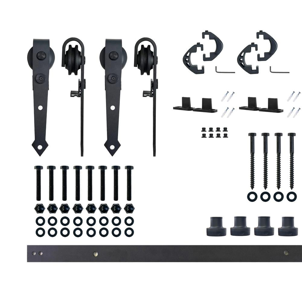 Homacer Black Rustic Sliding Barn Door Hardware Kit, for Two/Double Doors, 5.5ft Long Flat Track, Arrow Design Roller, Heavy Duty, for Interior & Exterior Use