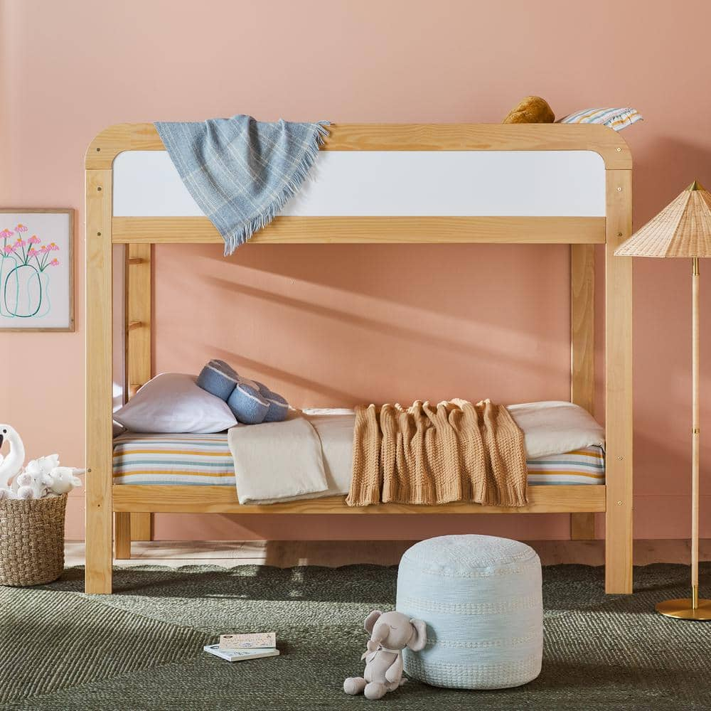 Walker Edison Contemporary Twin over Twin Wooden Bunk Bed with Ladder, Natural Pine