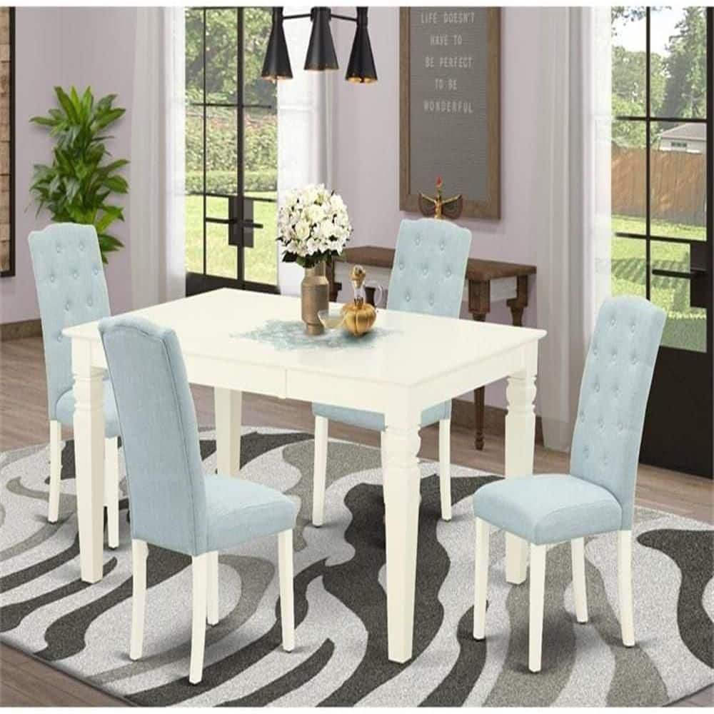 WECE5-WHI-15 5Pc Dining Set Includes a Rectangle Dinette Table with Butterfly Leaf and Four Parson Chairs with Baby Blue Fabric, White Finish