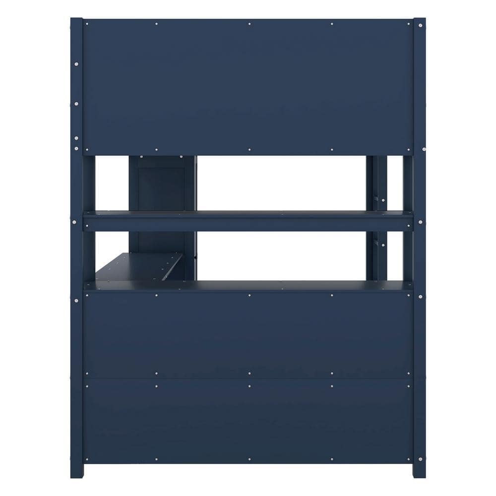 Dark Blue Full Size Wood Loft Bed with Wardrobe, Desk, Bookshelf and Cabinet