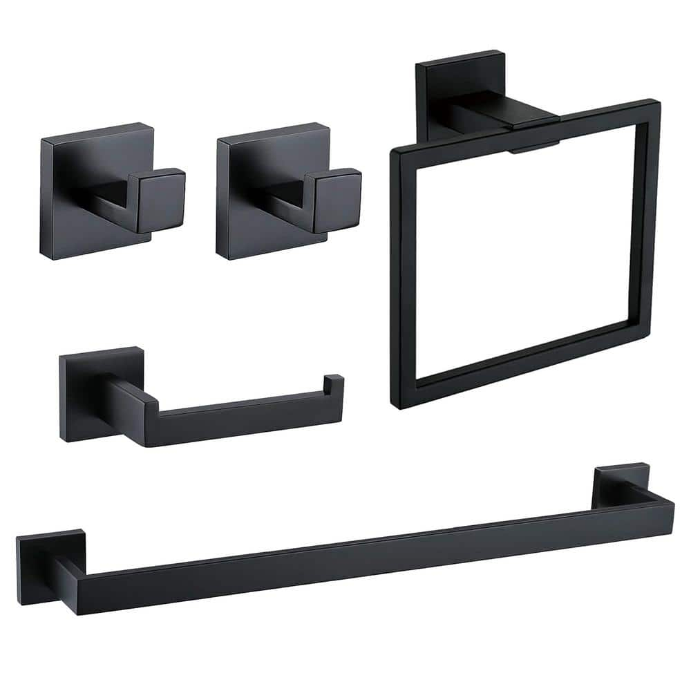 Stainless Steel Matte Black Bathroom Hardware Accessories - 5 Piece Set with 16 inch Square Towel Bar, Towel Rack & Holder