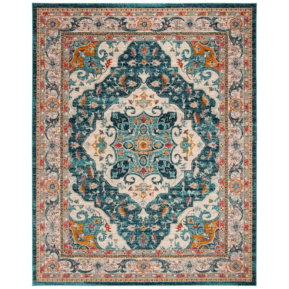 SAFAVIEH Phoenix Collection Area Rug - 9' x 12', Ivory & Blue, Boho Chic Oriental Medallion Design, Non-Shedding & Easy Care, Ideal for High Traffic Areas in Living Room, Bedroom (PHX154M)