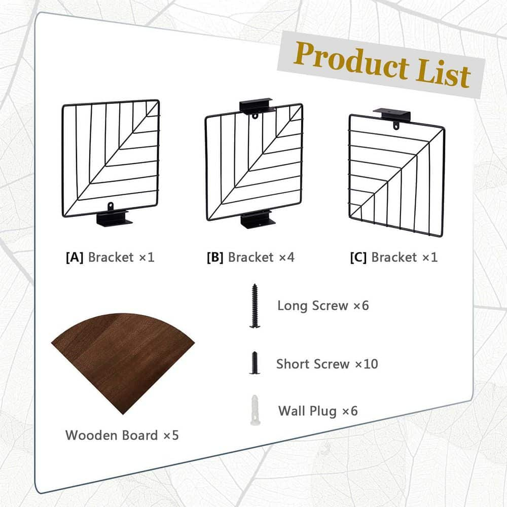 Dark Walnut 5-Tier Floating Corner Wall Shelves with Metal Brackets