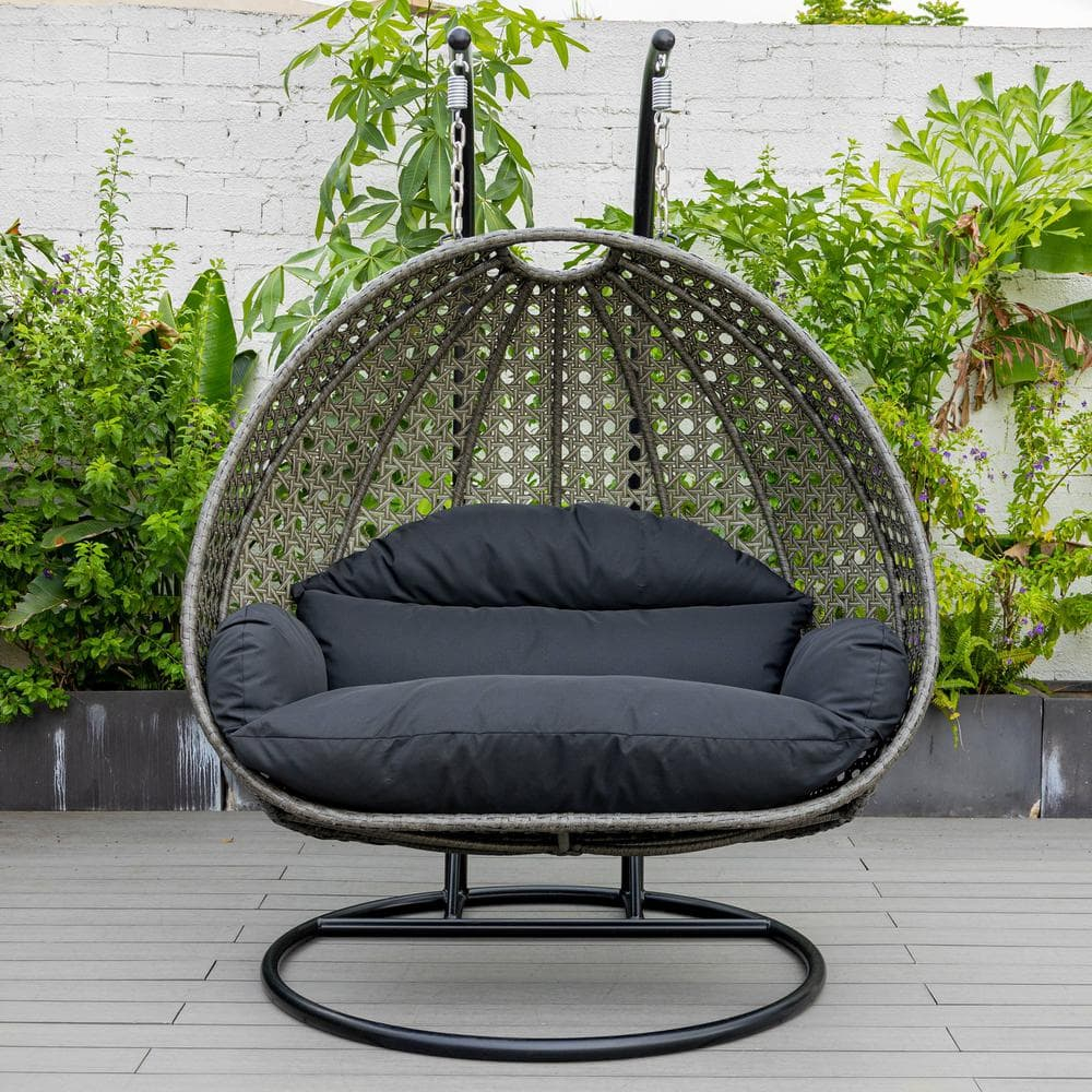 LeisureMod Charcoal Wicker Hanging 2 person Egg-Shaped Swing Chair, Black