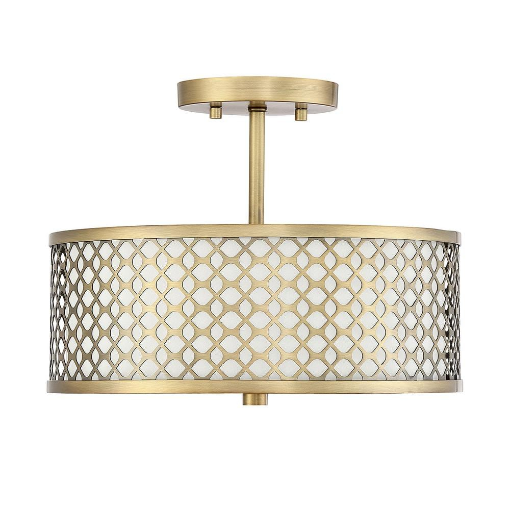 Meridian Elegance 2-Light Natural Brass Ceiling Light with Cream Fabric Shade