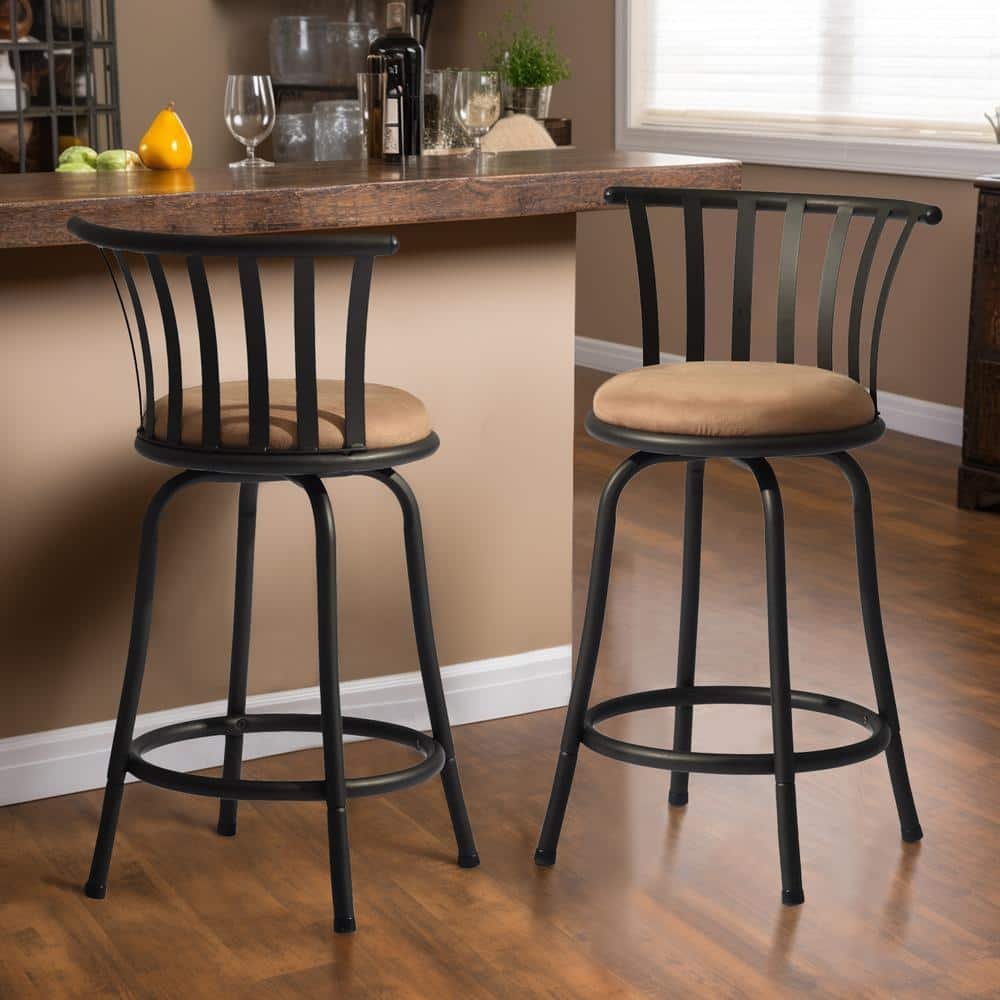 FurnitureR Brown Velvet 24'' Counter Stool Swivel High Back Barstools(Set of 2)