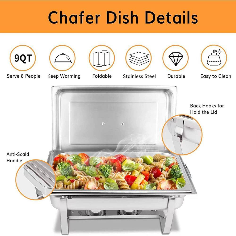 9 qt Silver Stainless Steel Rectangular Chafing Dish Set with Foldable Legs