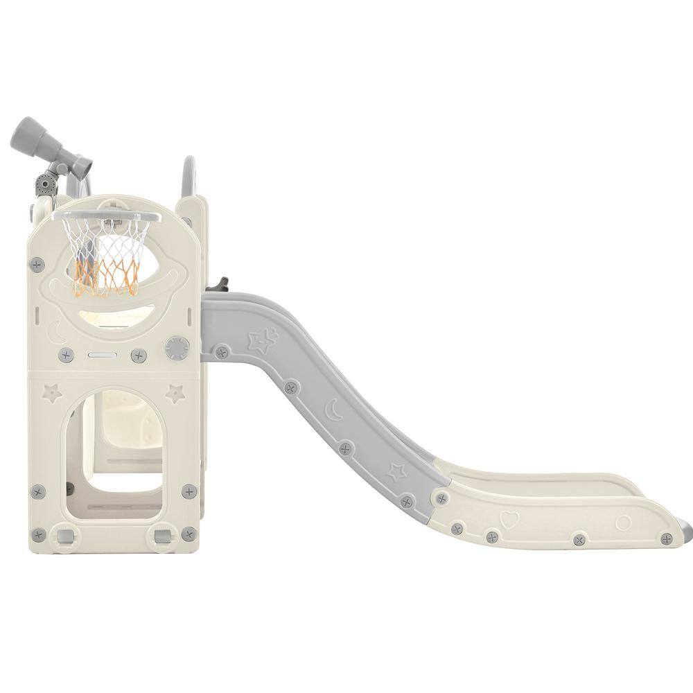 Gray and White 7-in-1 Freestanding Spaceship Playset with Slide, Telescope and Basketball Hoop