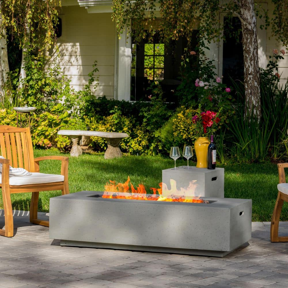 Noble House Aidan 50.000 BTU Rectangular Concrete Stone Fire Pit in Light Gray