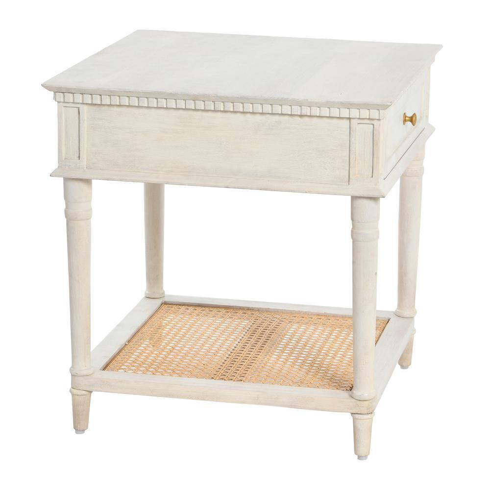 Creative Co-Op Maxwelton Solid Wood End Table with Drawer and Woven Cane Storage Shelf, Distressed White and Natural