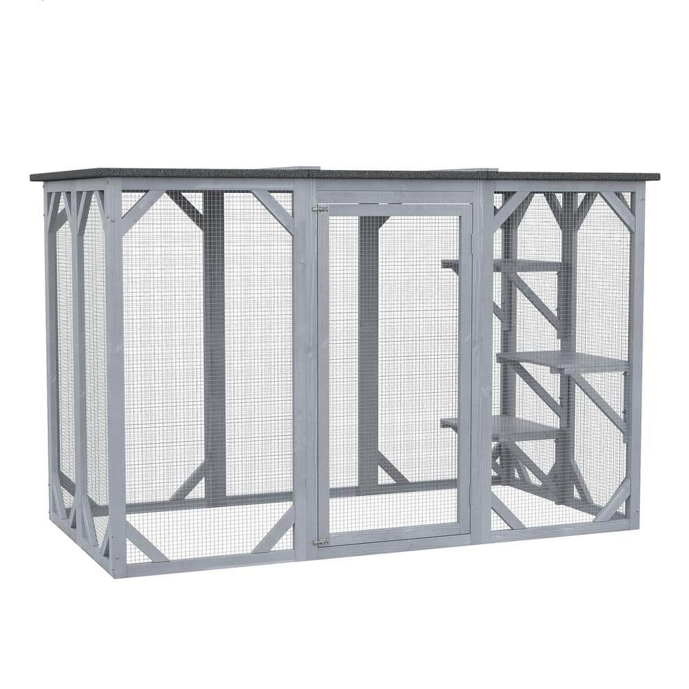 PawHut Outdoor Cat House, Catio Wooden Feral Cat Shelter, Cat Cage with Platforms, Large Enter Door, Weather Protection Asphalt Roof, 71" L, Gray