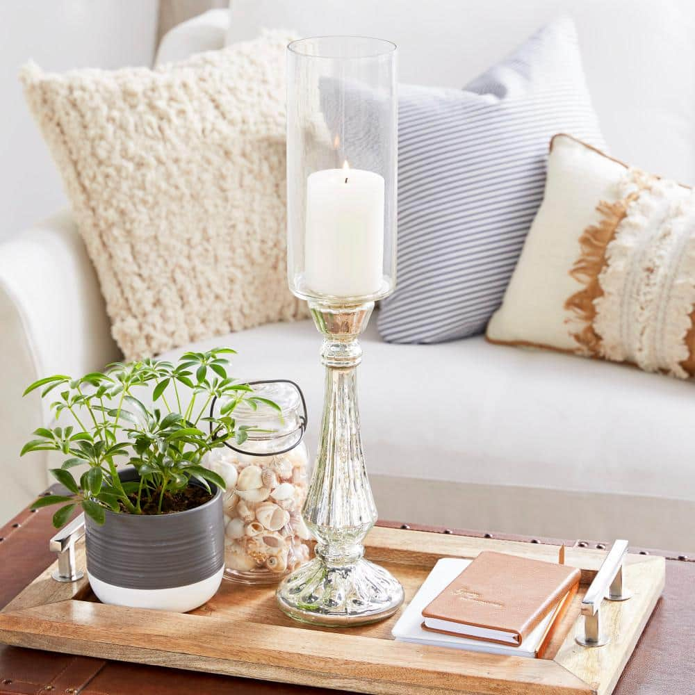 DecMode Silver Glass Handmade Turned Style Pillar Hurricane Lamp with Faux Mercury Glass Finish