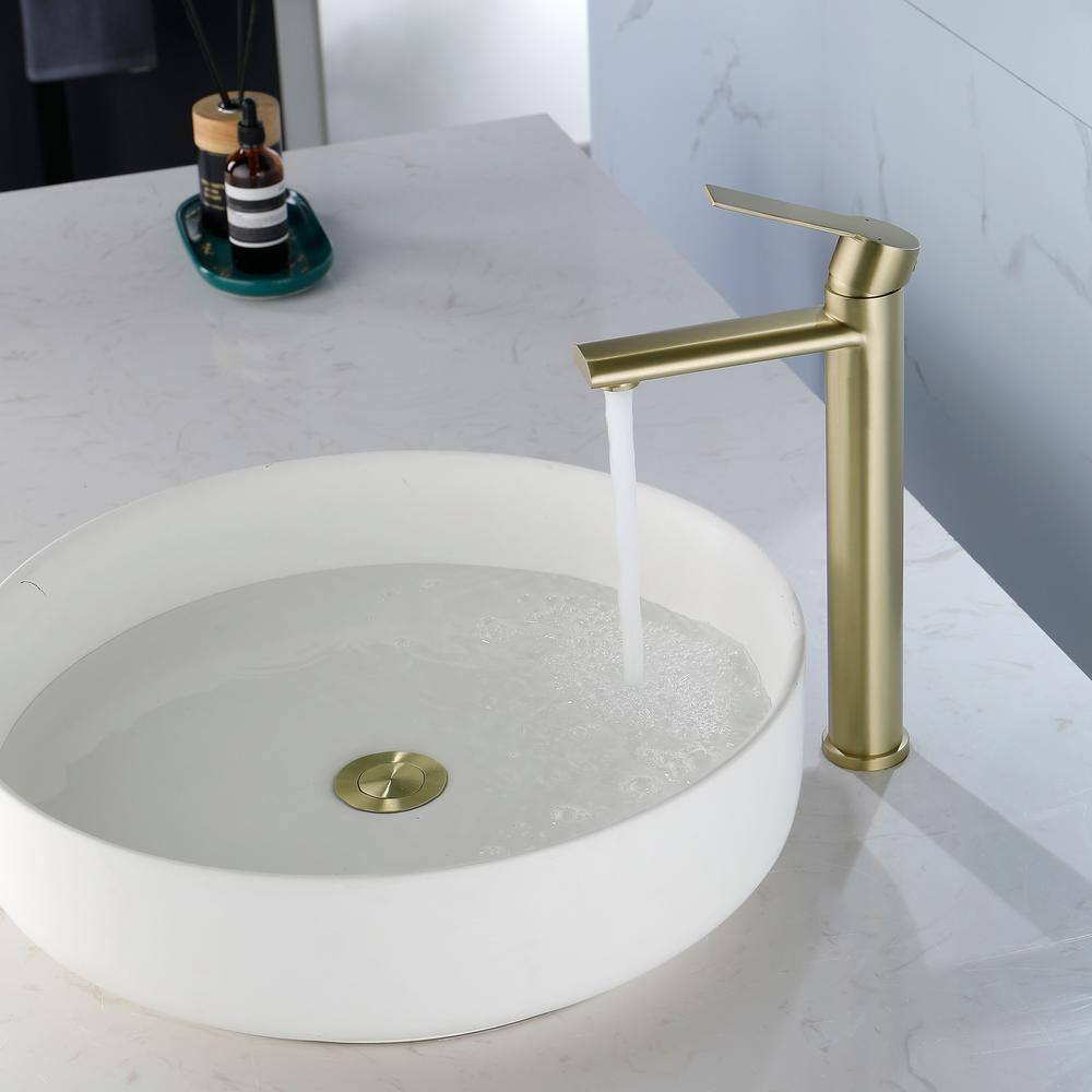 Single Handle Vessel Sink Faucet, Single Hole Tall Bathroom Faucet in Brushed Gold