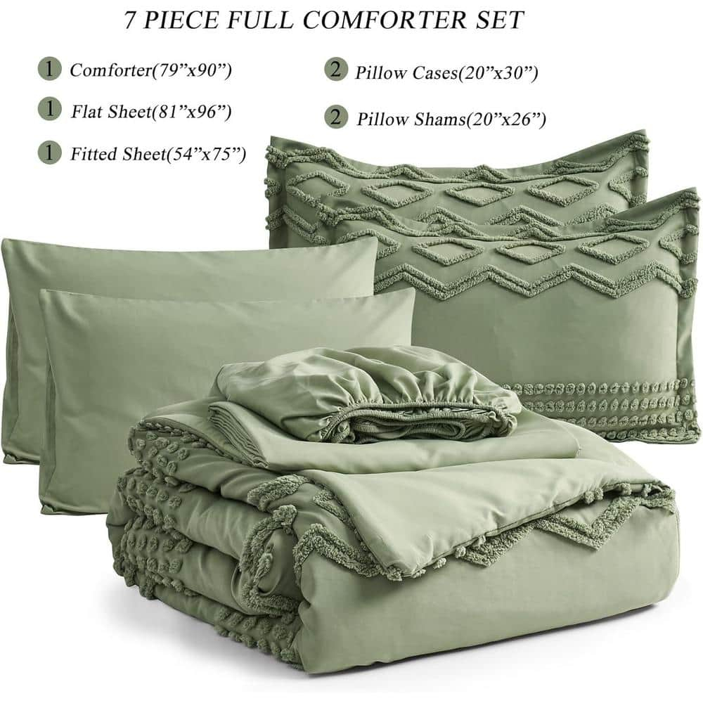 Sage Green Tufted Comforter Set Full Size 7 Piece Bed in a Bag, Shabby Chic Boho Comforter and Sheet Set, Pom Pom Textured Bed Set, All Season Soft Microfiber Complete Bedding Set (Green, Full)
