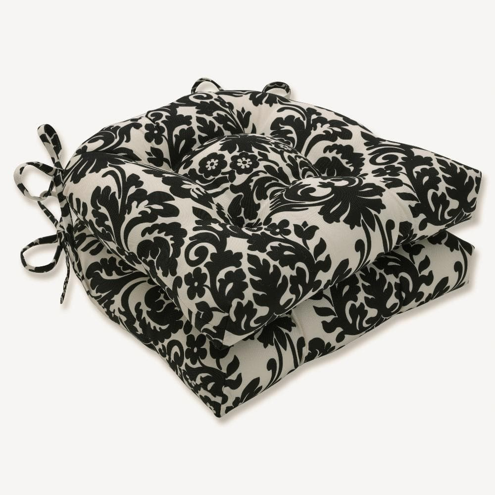 Essence Onyx Black and Off-White Damask Reversible Chair Pad Set