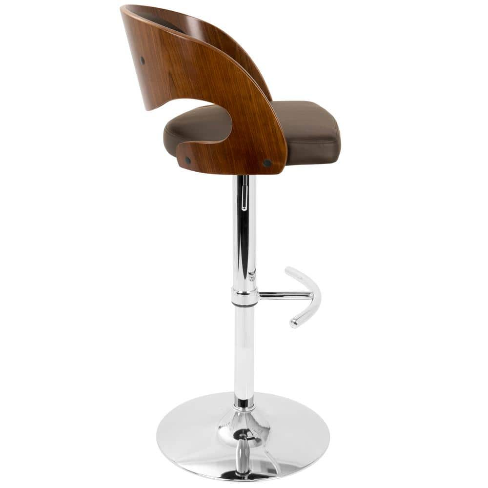 Walnut and Brown Adjustable Swivel Barstool with Leather Seat