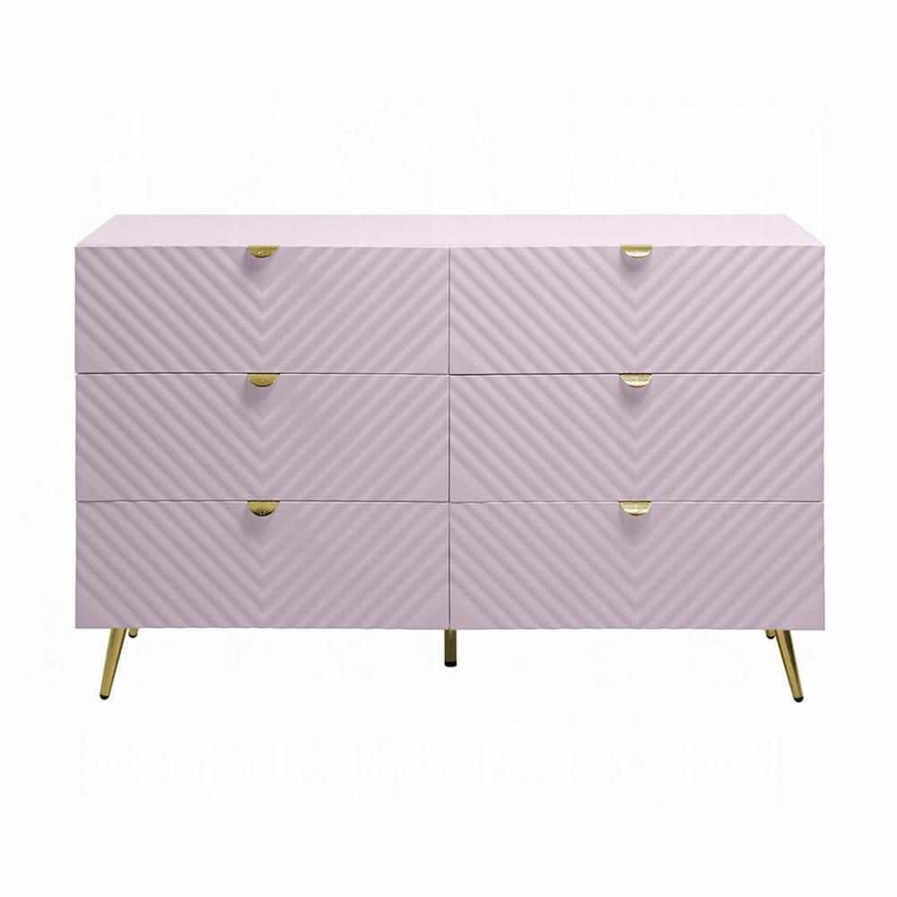 Benjara Tyra Wide Dresser, 6 Drawers, Gold Legs, Gloss Pink Chevron Pattern