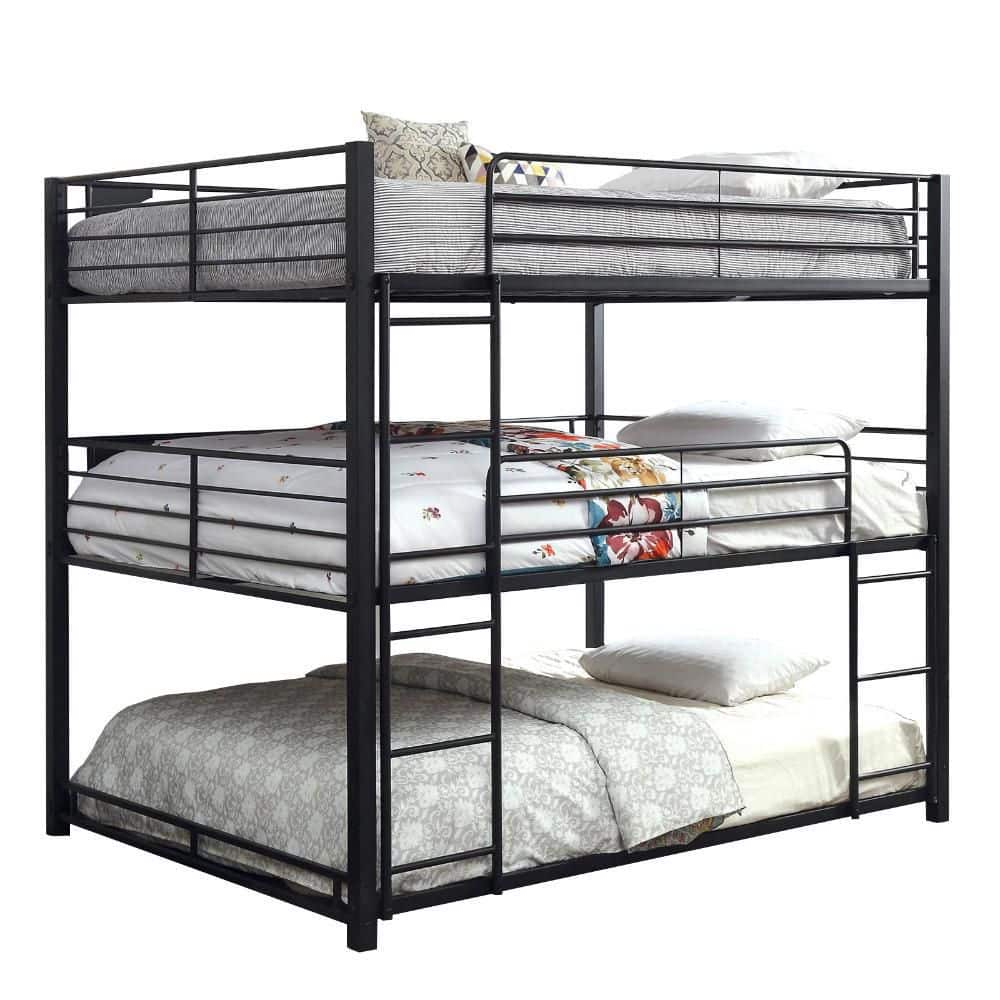 Benjara Industrial Style Queen Triple Decker Bunk Bed with Ladder, Black