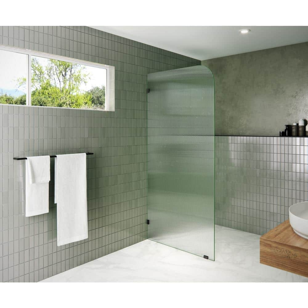 Glass Warehouse  36" x 78" Frameless Shower Door - Single Fixed Panel Fluted Frosted Radius Matte Black 36 Inch - Left Matte