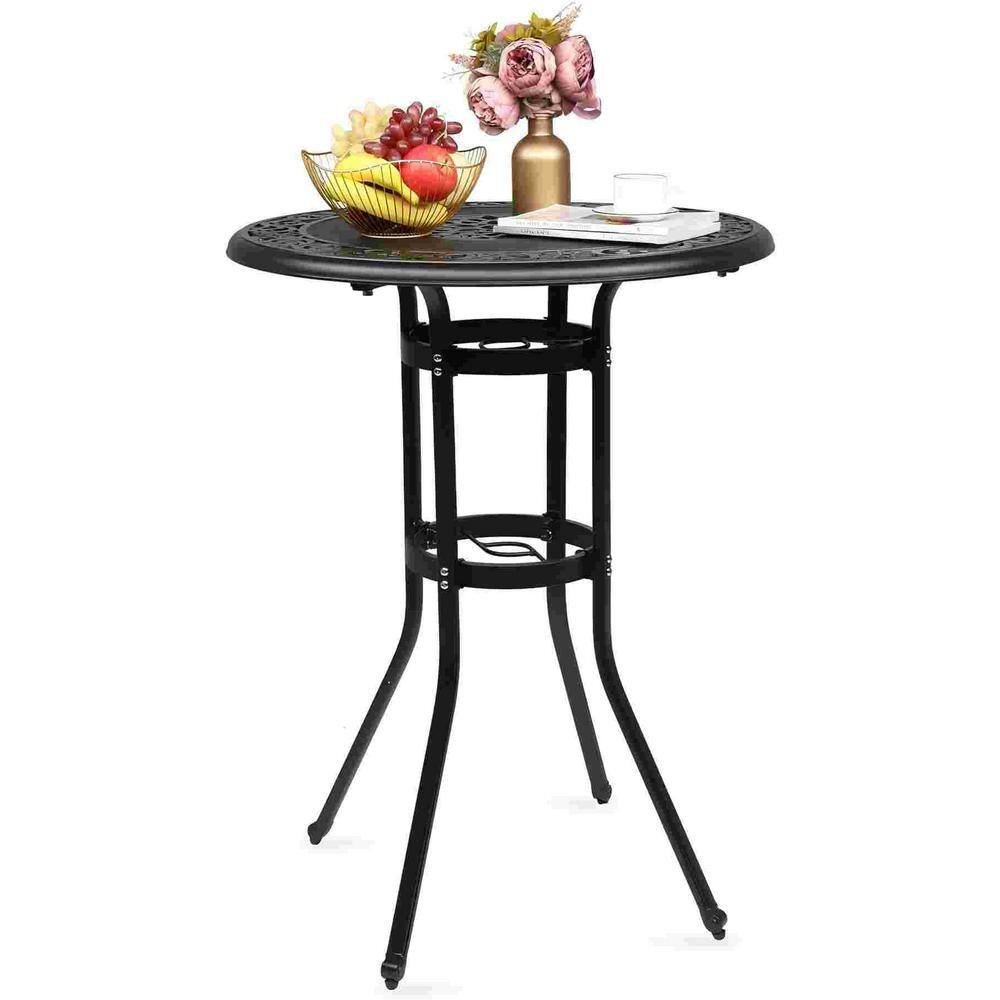Black Cast Aluminum Round Outdoor Bar Table with Umbrella Hole