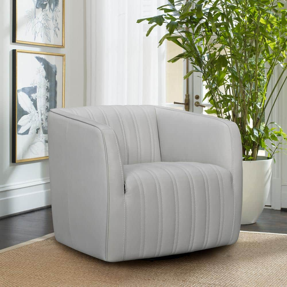 Armen Living Aries Leather Swivel Barrel Chair, Dove Grey