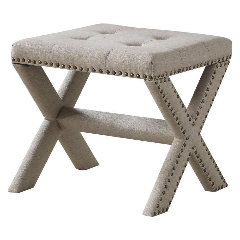 Champagne Nailhead Trim Beige Linen Blend Accent Bench