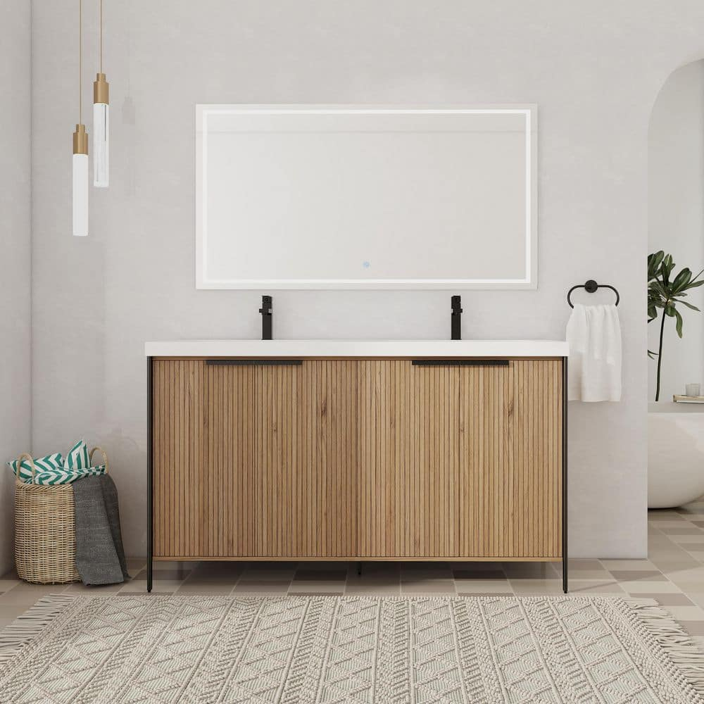 SSLine 60" Bathroom Vanity with Double Sink Mid-Century Modern Bathroom Sink Cabinet Freestanding Bathroom Vanities with Double White Top Basin and Adjustable Storage Shelves, Natural Brown Stripe