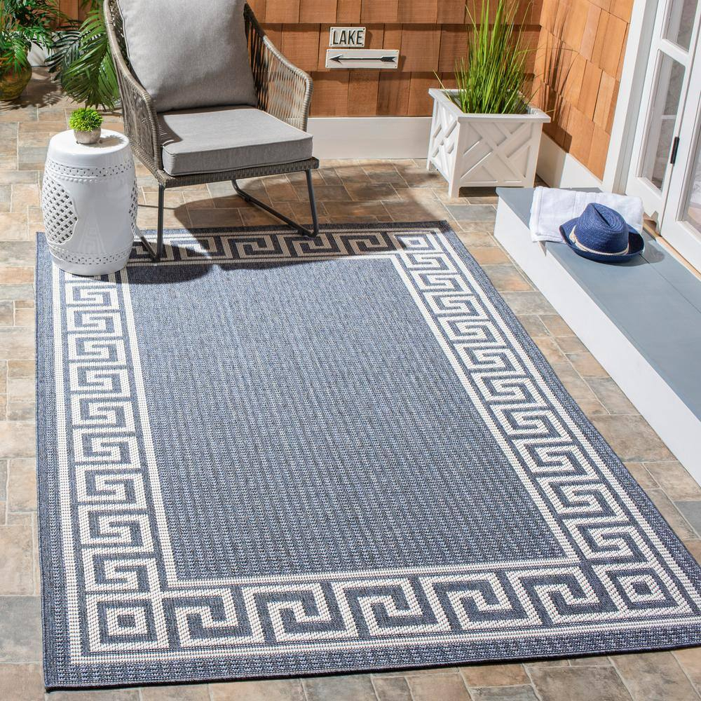 SAFAVIEH Bermuda Isidora Geometric Machine Washable Indoor/Outdoor Area Rug, Dark Blue/Ivory, 8' x 10'