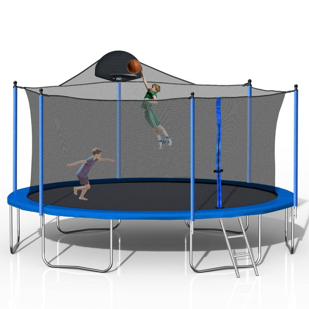 14 ft Round Blue Trampoline with Safety Enclosure and Basketball Hoop