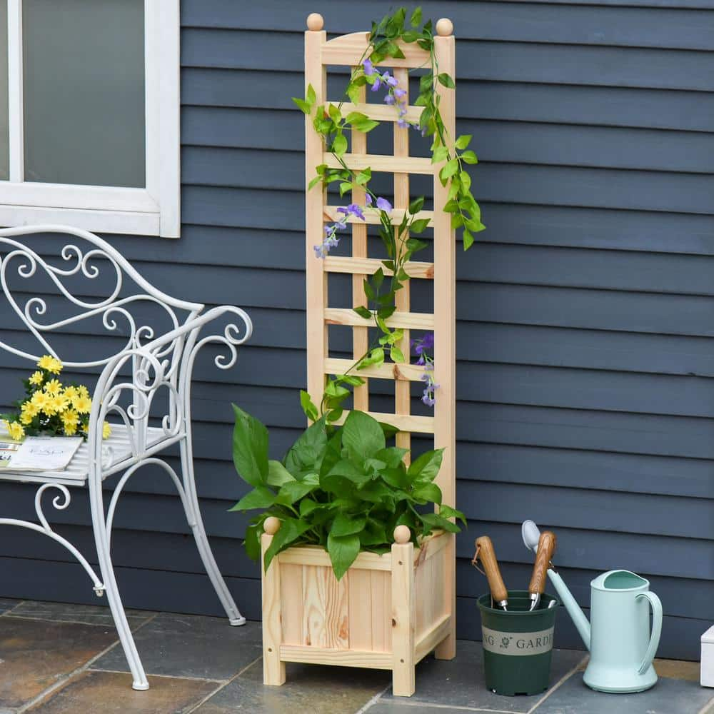 Outsunny Wooden Raised Garden Bed with Trellis, Outdoor Planter Box with Drainage Crevices for Climbing Vine Plants Flowers, 12" x 12" x 49"