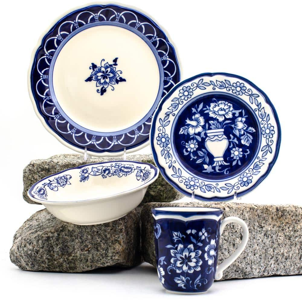 Euro Ceramica Blue Garden 16-Piece Hand-Painted Dinnerware Set- New