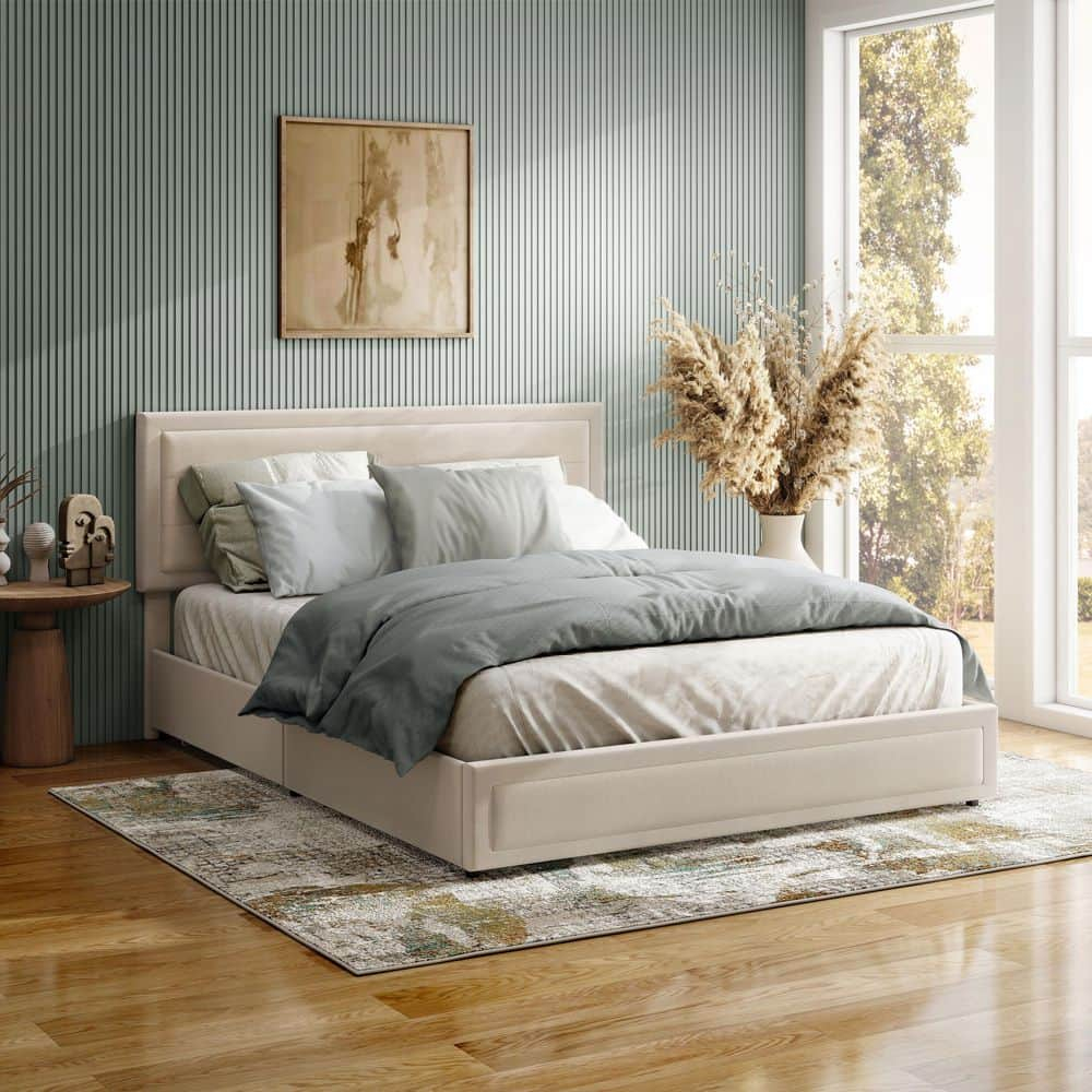 Furniture of America Zorva Queen Platform Bed with Storage Drawers, Ivory