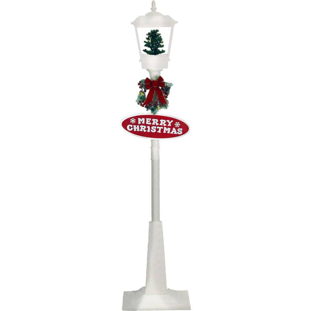 Christmas Time 71-In. Musical Snowy Street Lamp | Christmas Tree Scene, 2 Signs, Cascading Snow, and Holiday Songs | White | CT-SL071A-WHT