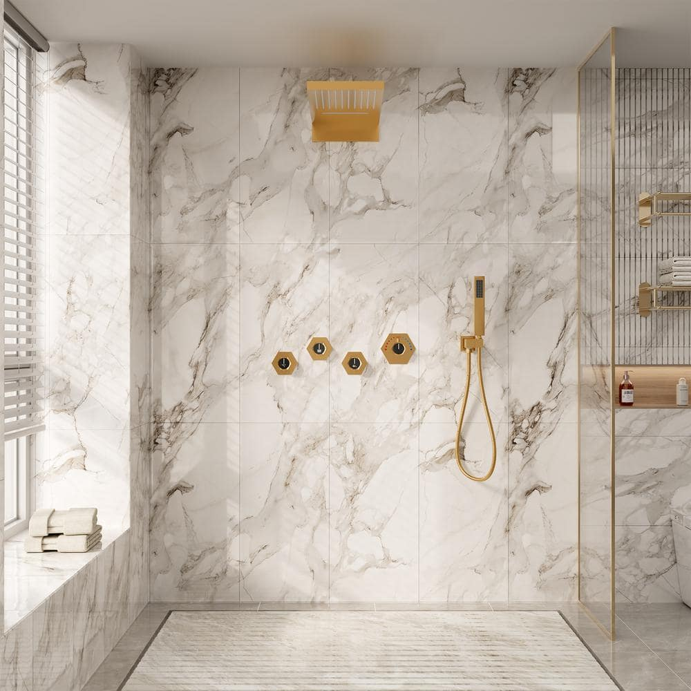 Large Brushed Gold Dual Shower Head System with LED and Bluetooth