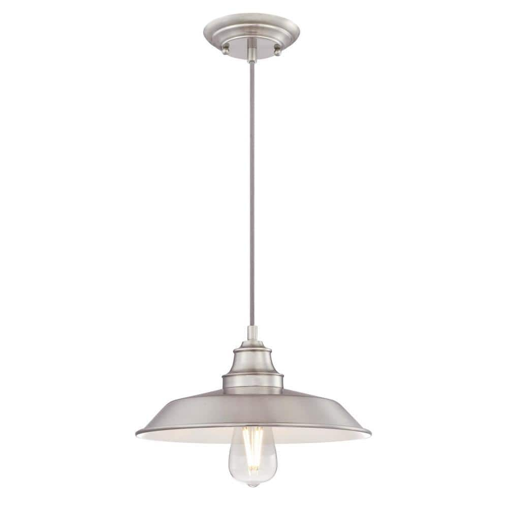 Vintage Inspired Brushed Nickel 1-Light Pendant with White Interior