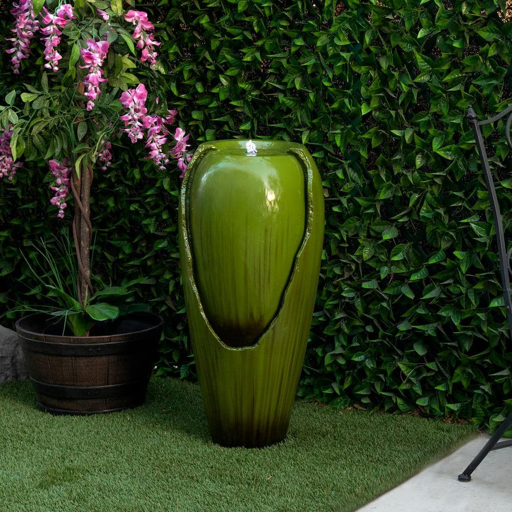 Green Antique Jar Outdoor Water Fountain with LED Lights