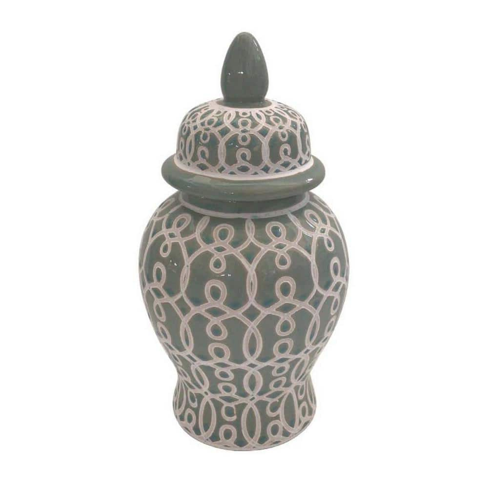 Olive Green Ceramic Temple Jar with Intricate Geometric Pattern