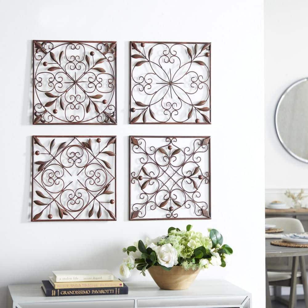 DecMode Rustic Brown Square Metal Wall Décor Set of 4 14"W x 14"H