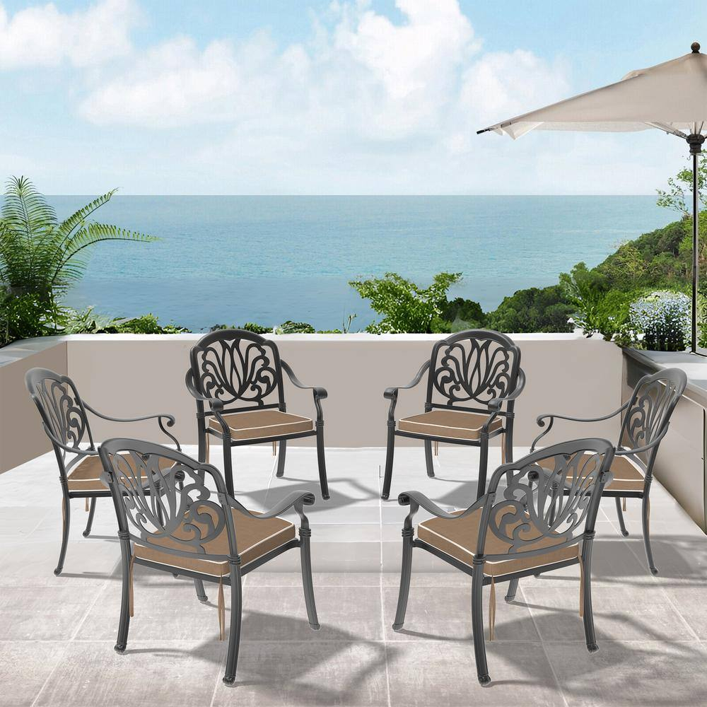 Hzzkey Outdoor Aluminum Dining Arm Chairs - Set of 6, Black, Random Color Cushions