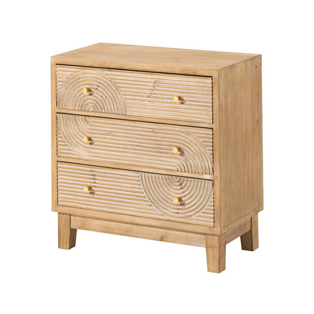 COZAYH 3-Drawer Farmhouse Dresser with Handicraft Wood Ring Motif, Fully Assembled Nightstand Wooden Finish for Boho, Mid-century, Rustic Style, Natural Wood