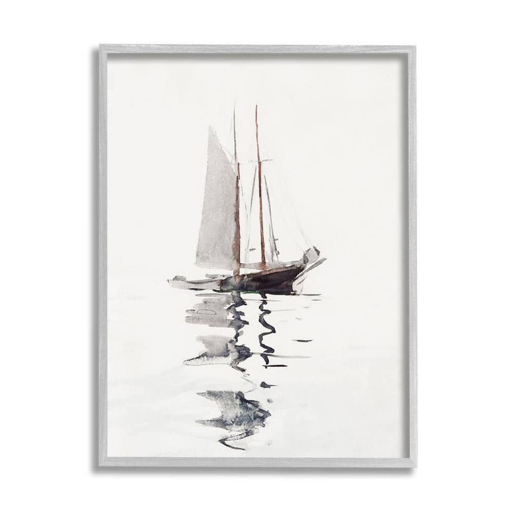 Stupell Industries Tranquil Sailboat Vessel Floating Lone Ocean Reflection Painting Gray Framed Art Print Wall Art, Design by Lettered and Lined