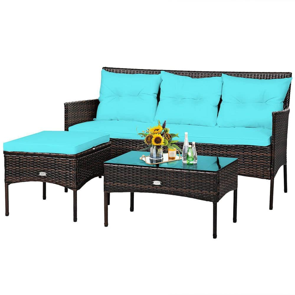 Valita 3-Piece Outdoor PE Rattan Furniture Set Patio Black Wicker Conversation Loveseat Sofa Sectional Couch Turquoise Cushion