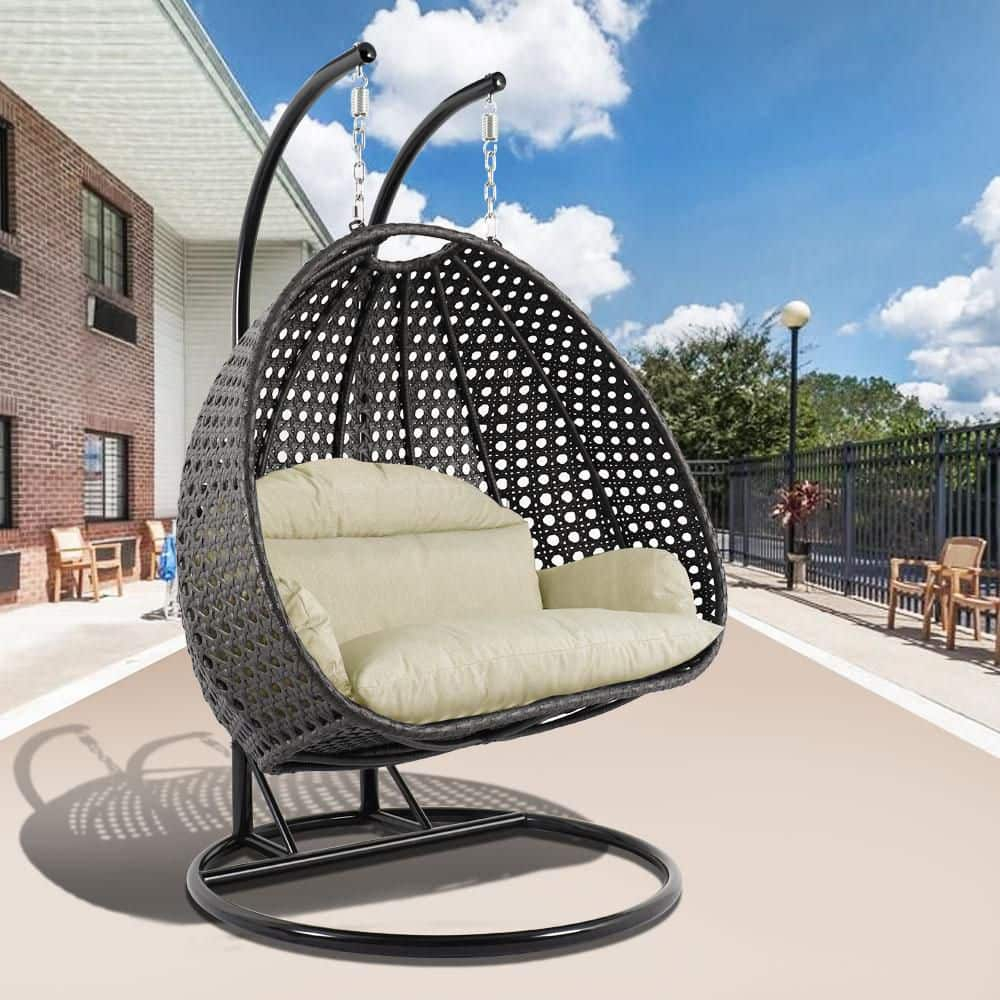 LeisureMod Charcoal Rattan Wicker Double 2 Person Egg Swing Chair with Stand, Taupe Cushion