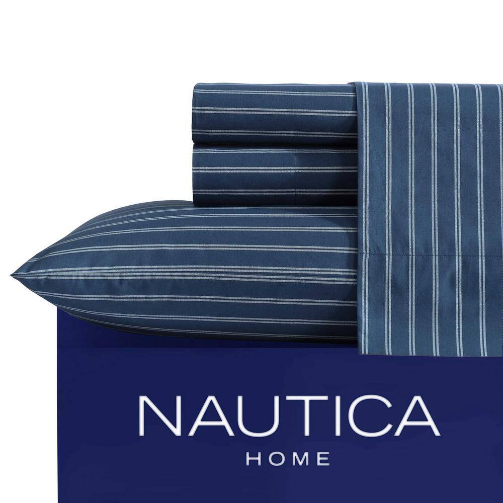 Nautica - Full Sheets, Premium Cotton Percale Bedding Set, Striped Bedding Set, Oeko-Tex Certified (Richmond Stripe Blue, Full)